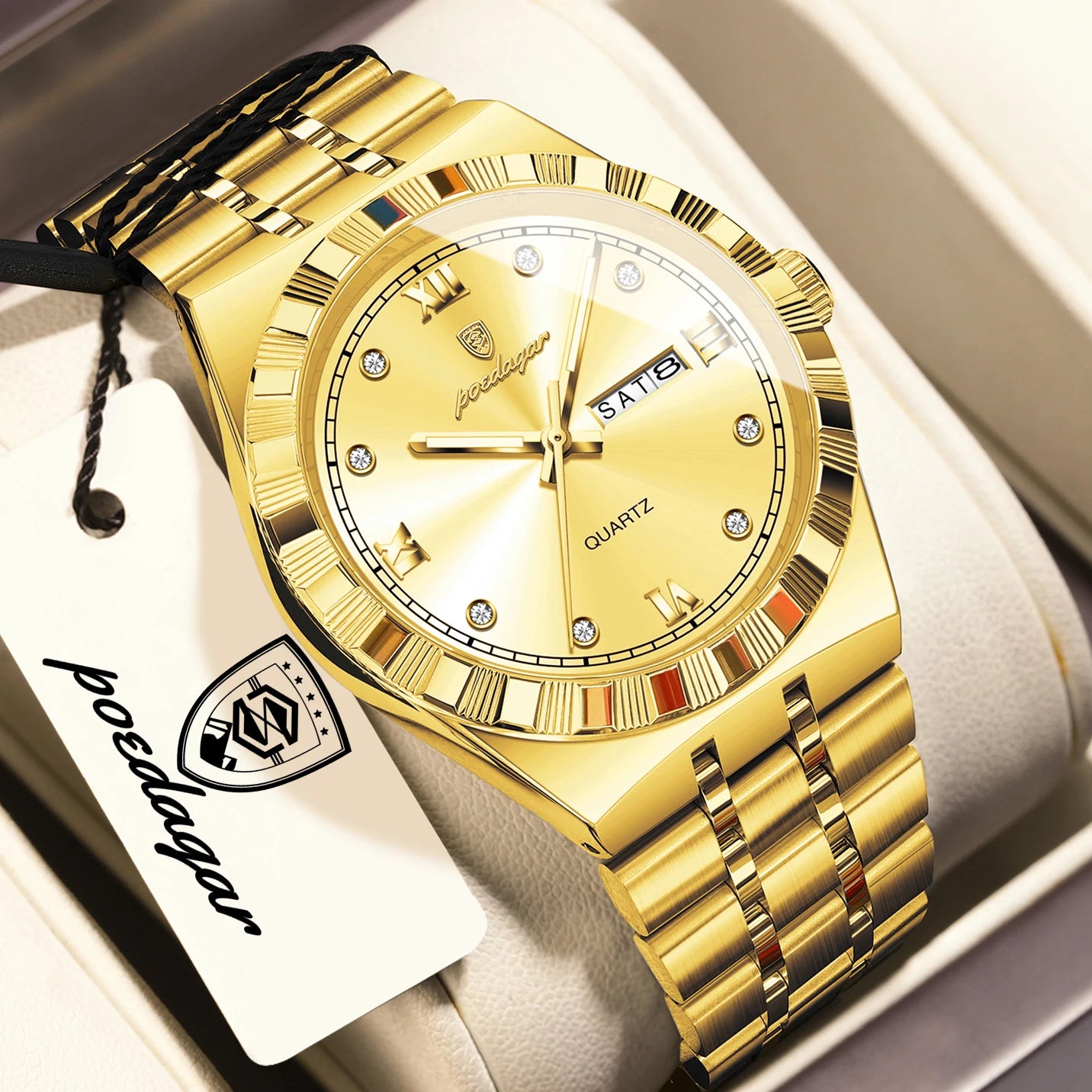 POEDAGAR Business Male Watches Waterproof Luminous Week Date Fashion Men's Wristwatch Stainless Steel Quartz Watch For Men Reloj