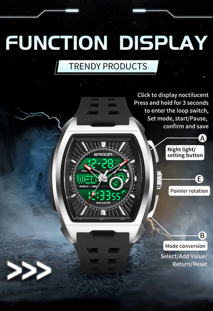 SANDA Luxury Men Wristwatch Electronic LED Display Luminous Sports Man Watch Quartz Waterproof Military Alarm Date Watches Male