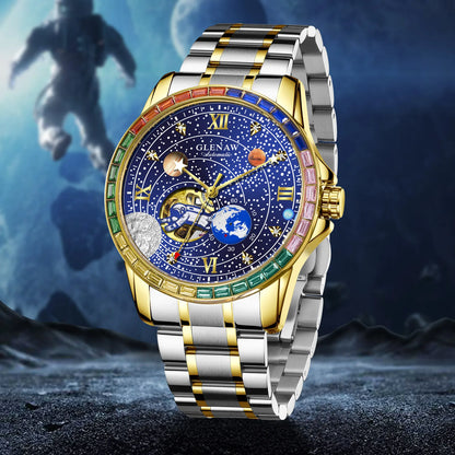New GLENAW Rotating Earth Mechanical Watch Men Space astronaut dial Night Light Waterproof Stainless Steel Strap Automatic Watch