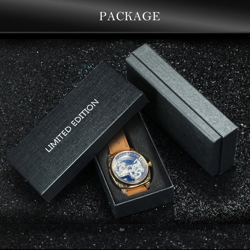 Forsining Vintage Square Skeleton Automatic Mechanical Watch for Men Engraved Case Steel Leather Strap Business Mens Watches