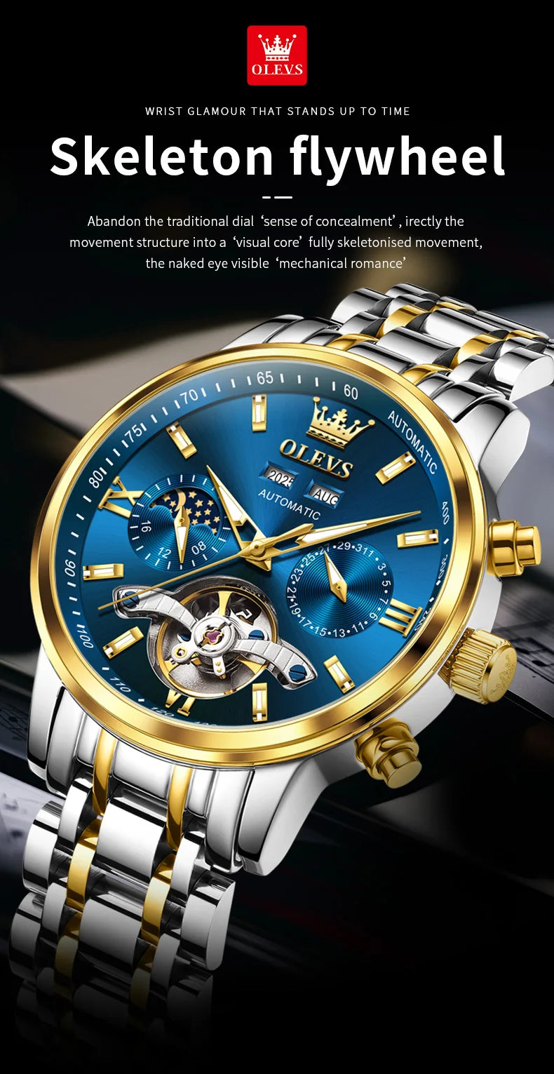 OLEVS 6740 Skeleton Flywheel Artistic Multifunctional Dials High Definition Translucent Coated Mirror Luminous Men's Watch