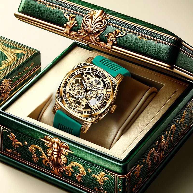 A men's yellow-green casual stylish watch with an intricately engraved strap and fully automatic mechanical movement