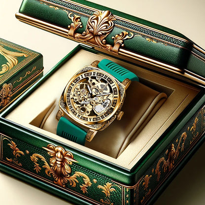 A men's yellow-green casual stylish watch with an intricately engraved strap and fully automatic mechanical movement