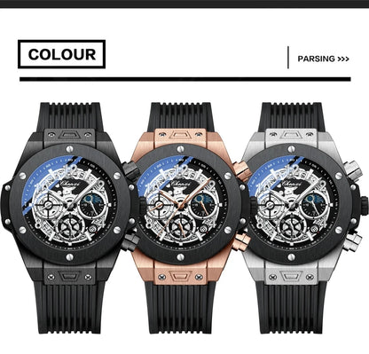 CHENXI Men's Fashion Silicone Chronograph Watch Multifunctional Cool Luminous Quartz Starry Lunar Phases Sport Wristwatch