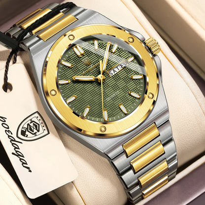POEDAGAR Original Men Clock Quartz Date Week Luxury Man Wristwatch Waterproof Luminous Stainless Steel Sport Men's Watches Reloj