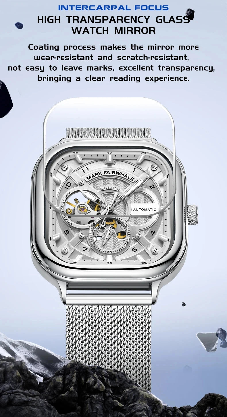 Mark Fairwhale 6014 Men's Automatic Movement Mechanical Watch Square Dial Stainless Steel Waterproof Mesh Strap Watches for Men