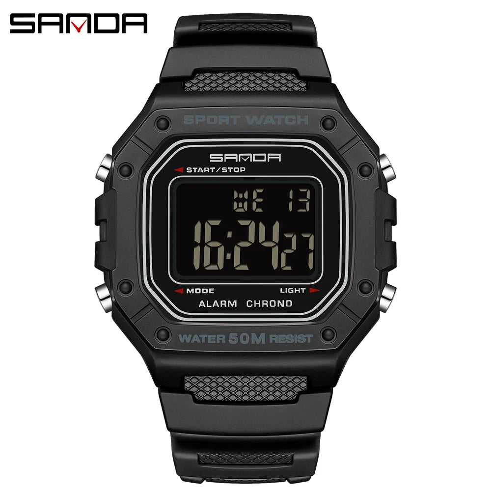 SANDA Fashion 2156 Men's Electronic Watch Movement Rectangular Sports Waterproof LED Display Screen Dial Men's Electronic Watch
