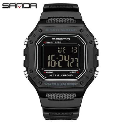 SANDA Fashion 2156 Men's Electronic Watch Movement Rectangular Sports Waterproof LED Display Screen Dial Men's Electronic Watch