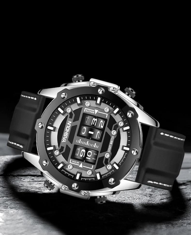 YASHIDUN Men Quartz Watch Roller Digital Dial Design Silicone Strap Versatile Wristwatch Clock Waterproof Military Sports Clock