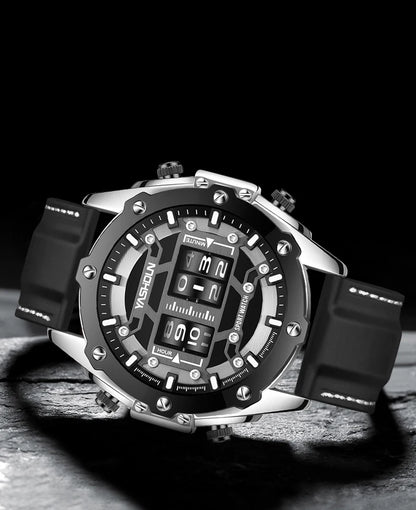 YASHIDUN Men Quartz Watch Roller Digital Dial Design Silicone Strap Versatile Wristwatch Clock Waterproof Military Sports Clock