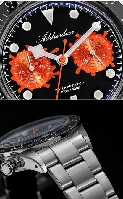 ADDIESDIVE New Luxury Mens Quartz Chronograph Watch VK64 Luxury Wristwatch Ceramic Bezel Stainless Steel 100M Waterproof AD2520