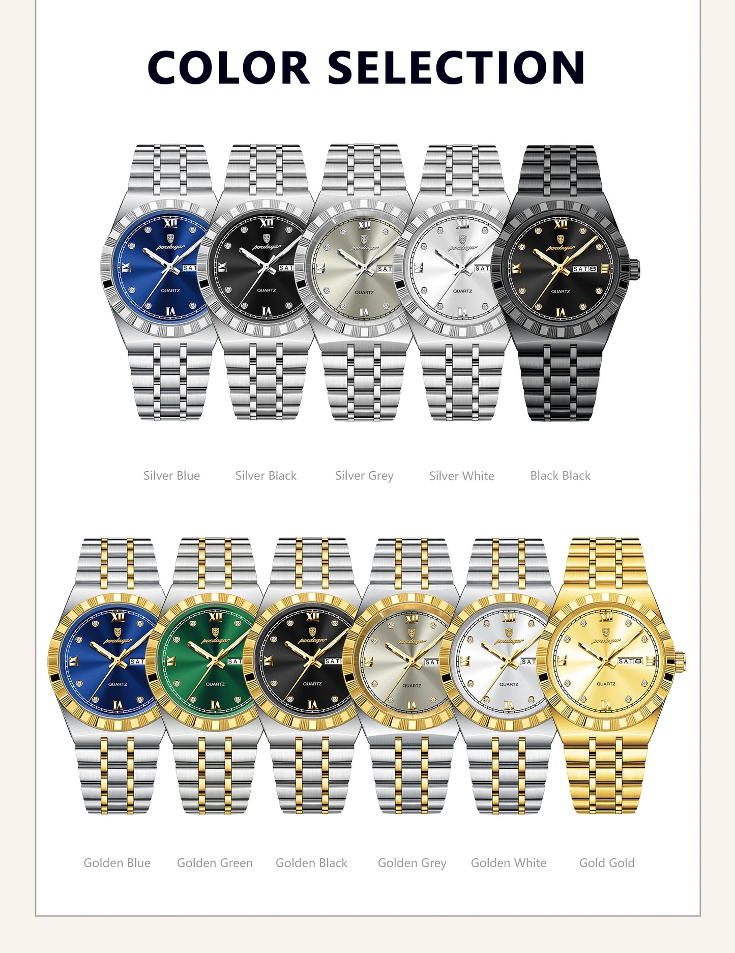 POEDAGAR Business Male Watches Waterproof Luminous Week Date Fashion Men's Wristwatch Stainless Steel Quartz Watch For Men Reloj