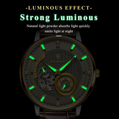 POEDAGAR Military Sport Man Watch Waterproof Luminous Hollow Tourbillon Men Clock Automatic Mechanical Leather Men's Watches+Box