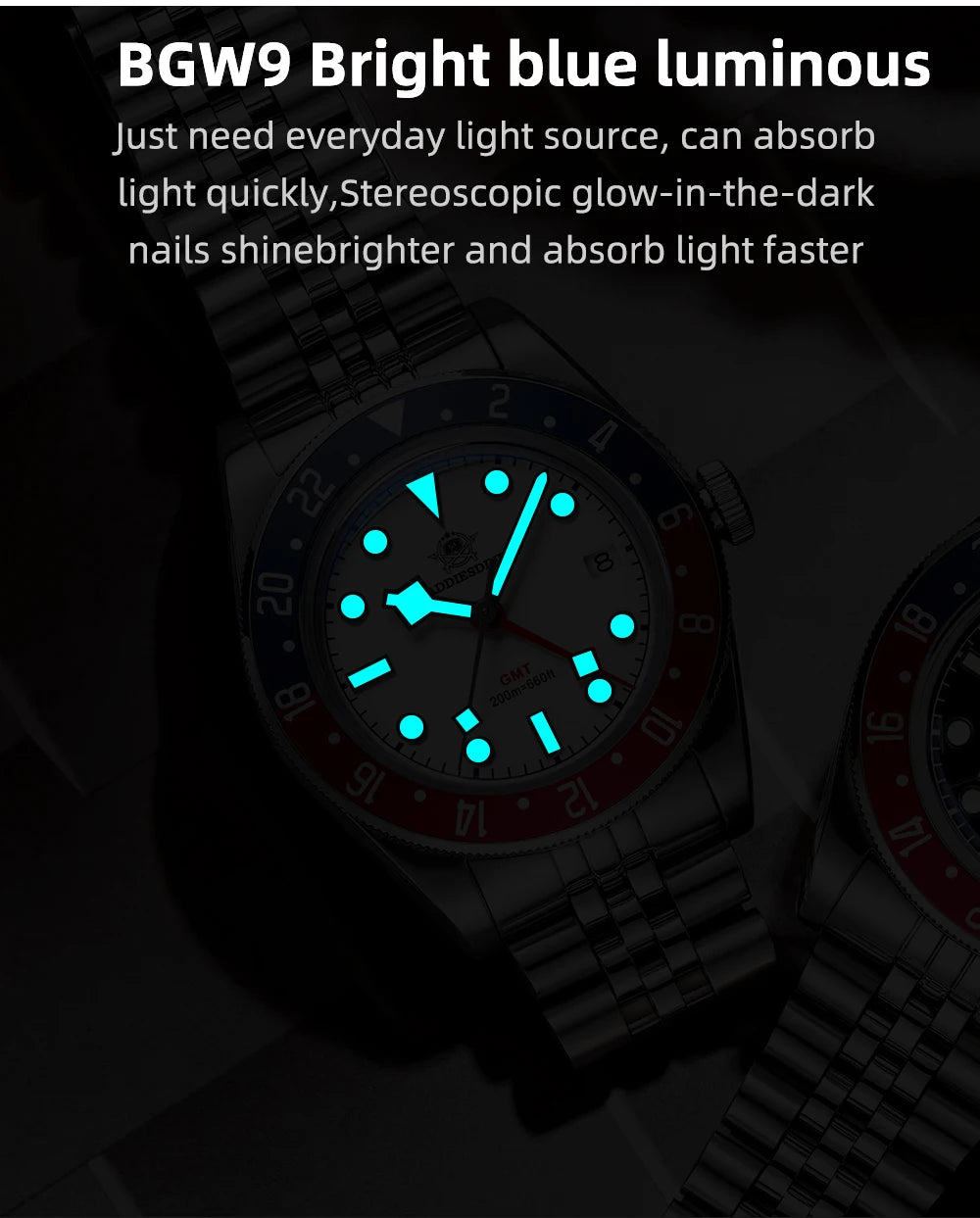 ADDIESDIVE Luxury GMT Men's Diving Watch 200m Waterproof Bubble Mirror Glass Quartz Watch BGW9 Blue Luminous Sports Watch AD2044