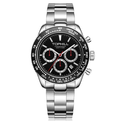 TOPHILL Racing Chronograph Men’s Quartz Watch Panda dial Tachymeter Bezel Sport Wristwatch Stainless Steel 100M Waterproof