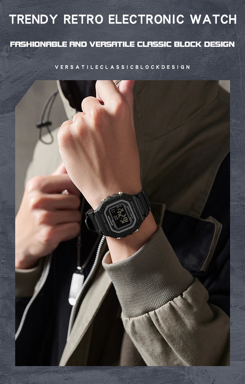 SANDA Fashion 2156 Men's Electronic Watch Movement Rectangular Sports Waterproof LED Display Screen Dial Men's Electronic Watch