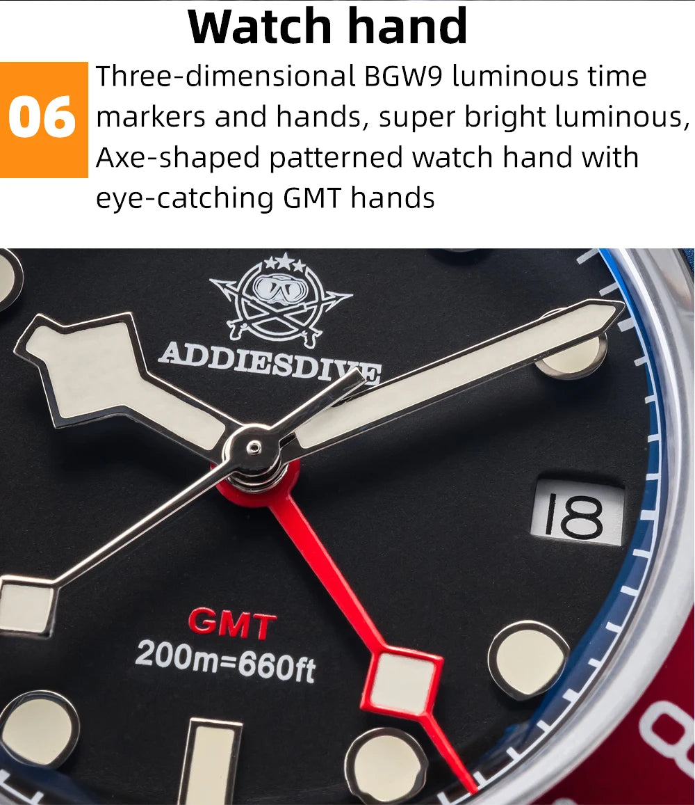 ADDIESDIVE Mens GMT Watches Luxury Stainless Steel Casual Quartz Watch Men Sport 200MM Waterproof Wristwatches Relogio Masculino