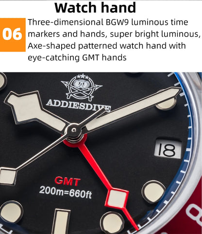 ADDIESDIVE Mens GMT Watches Luxury Stainless Steel Casual Quartz Watch Men Sport 200MM Waterproof Wristwatches Relogio Masculino