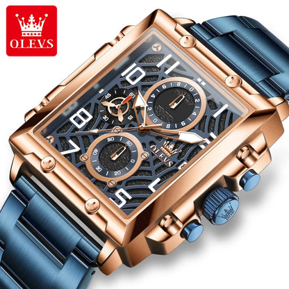 OLEVS Brand Square Multifunctional Quartz Watch for Men Stainless Steel Waterproof Sport Chronograph Mens Watches Reloj Hombre