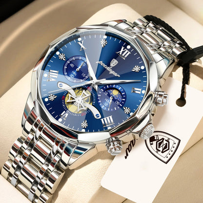 POEDAGAR Exquisite Business Men Watch Waterproof Luminous Chronograph Luxury Man Watches Stainless Steel Men's Quartz Wristwatch