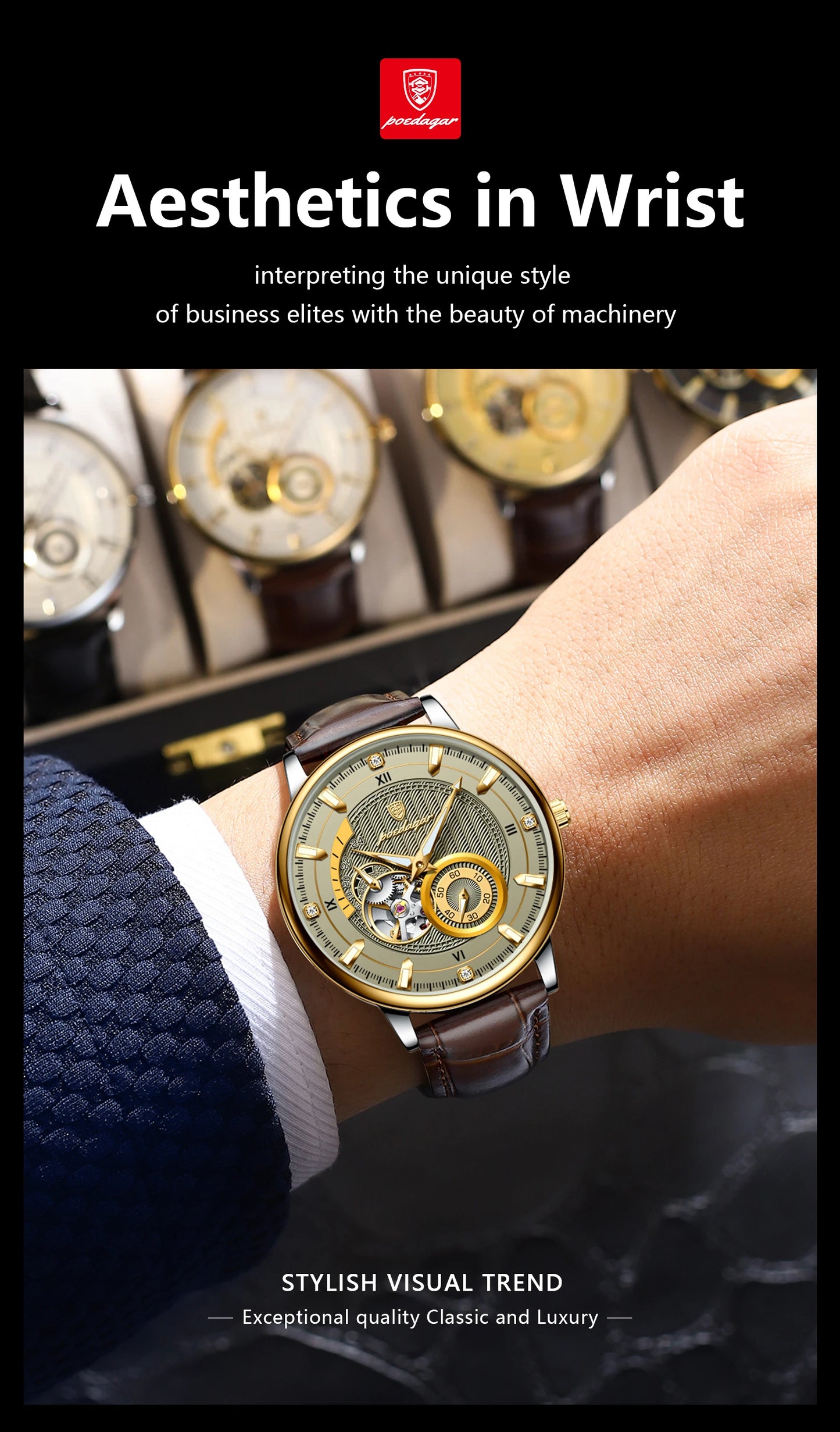 POEDAGAR Military Sport Man Watch Waterproof Luminous Hollow Tourbillon Men Clock Automatic Mechanical Leather Men's Watches+Box