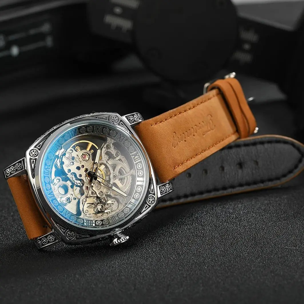 Forsining Royal Retro Skeleton Automatic Mechanical Watch for Men Leather Strap Business Casual Mens Watches Top Brand Gifts New