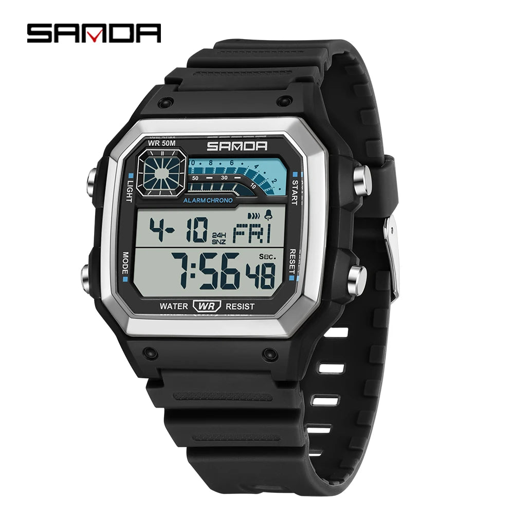 SANDA 6196 Student Electronic Watch Night Light Waterproof Sports Men's Lightweight Square Luxury Classic  Electronic Watch