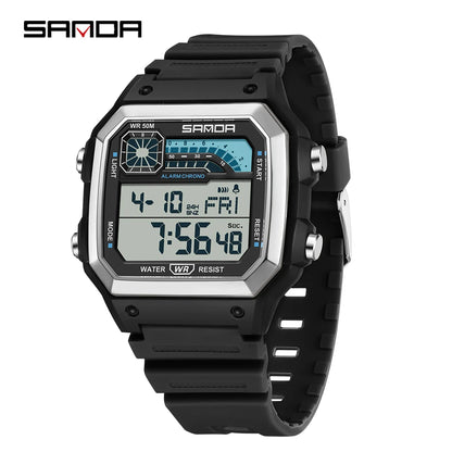 SANDA 6196 Student Electronic Watch Night Light Waterproof Sports Men's Lightweight Square Luxury Classic  Electronic Watch