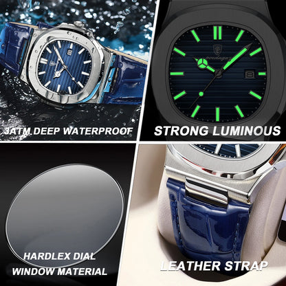 POEDAGAR Top Square Man Watch Date Waterproof Luminous Luxury Men Wristwatch High Quality Leather Men's Quartz Watches+Box Reloj