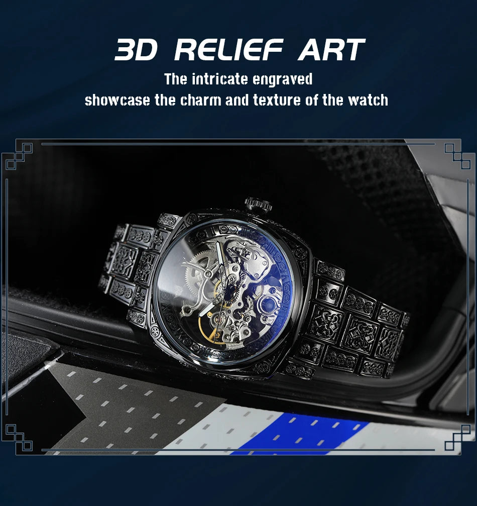 Forsining Gold Square Skeleton Automatic Mechanical Watches Engraved Design Luminous Hands Stainless Steel Strap Retro Men Watch