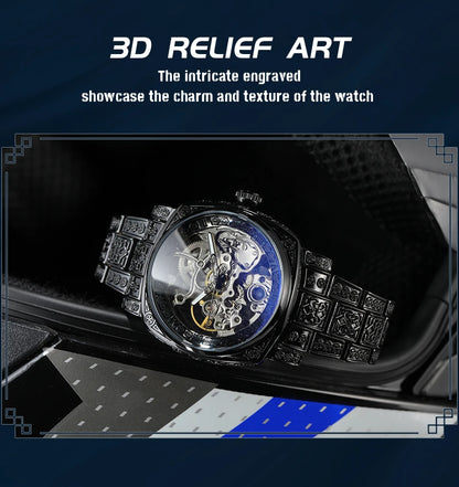 Forsining Gold Square Skeleton Automatic Mechanical Watches Engraved Design Luminous Hands Stainless Steel Strap Retro Men Watch