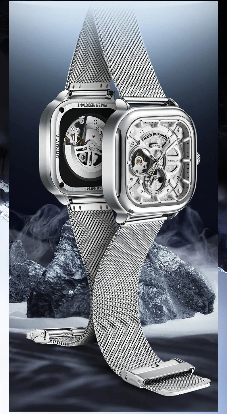 Mark Fairwhale 6014 Men's Automatic Movement Mechanical Watch Square Dial Stainless Steel Waterproof Mesh Strap Watches for Men