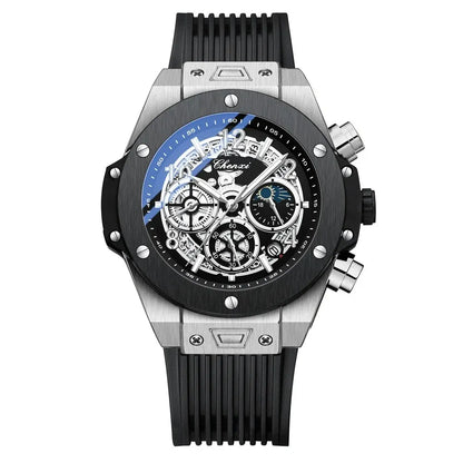 CHENXI Men's Fashion Silicone Chronograph Watch Multifunctional Cool Luminous Quartz Starry Lunar Phases Sport Wristwatch