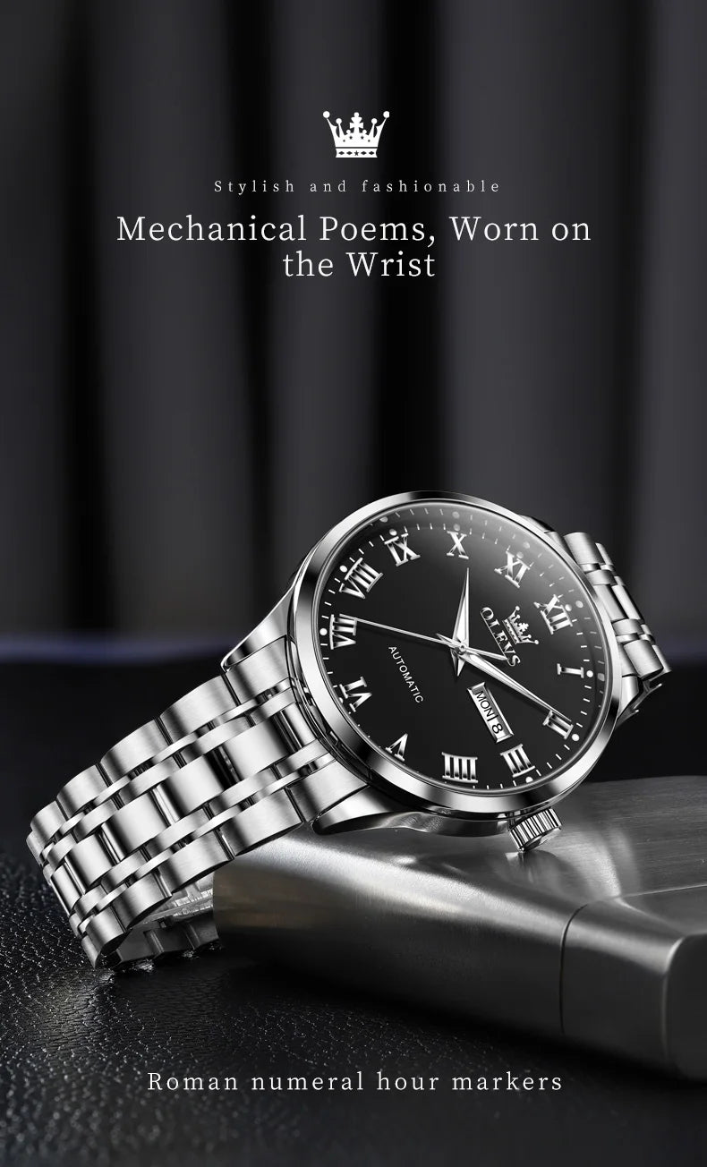 OLEVS 7060 Men's Automatic Watch Stainless steel Strap Waterproof Calendar Mechanical Watch for Men