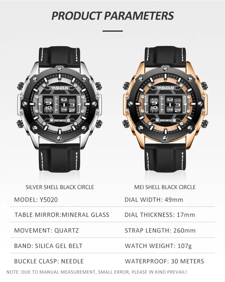 YASHIDUN Men Quartz Watch Roller Digital Dial Design Silicone Strap Versatile Wristwatch Clock Waterproof Military Sports Clock