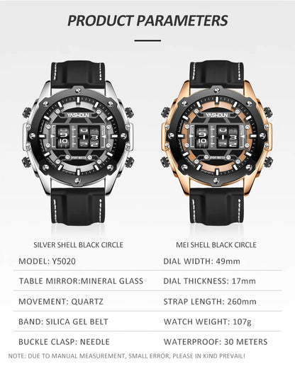 YASHIDUN Men Quartz Watch Roller Digital Dial Design Silicone Strap Versatile Wristwatch Clock Waterproof Military Sports Clock