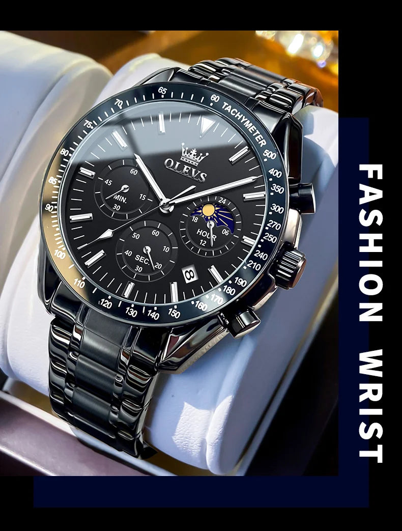 OLEVS Original Quartz Man Watch Stainless Steel Moon Phase Waterproof Chronograph Men's Wristwatches Auto Date Hand Clock 3618