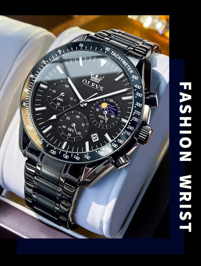 OLEVS Original Quartz Man Watch Stainless Steel Moon Phase Waterproof Chronograph Men's Wristwatches Auto Date Hand Clock 3618