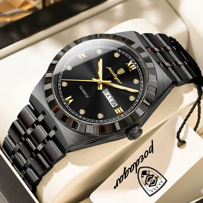 POEDAGAR Business Male Watches Waterproof Luminous Week Date Fashion Men's Wristwatch Stainless Steel Quartz Watch For Men Reloj