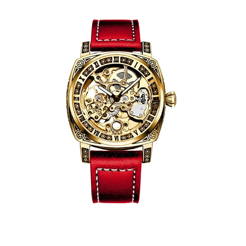 A men's yellow and red casual fashion mechanical watch with finely embossed PU leather