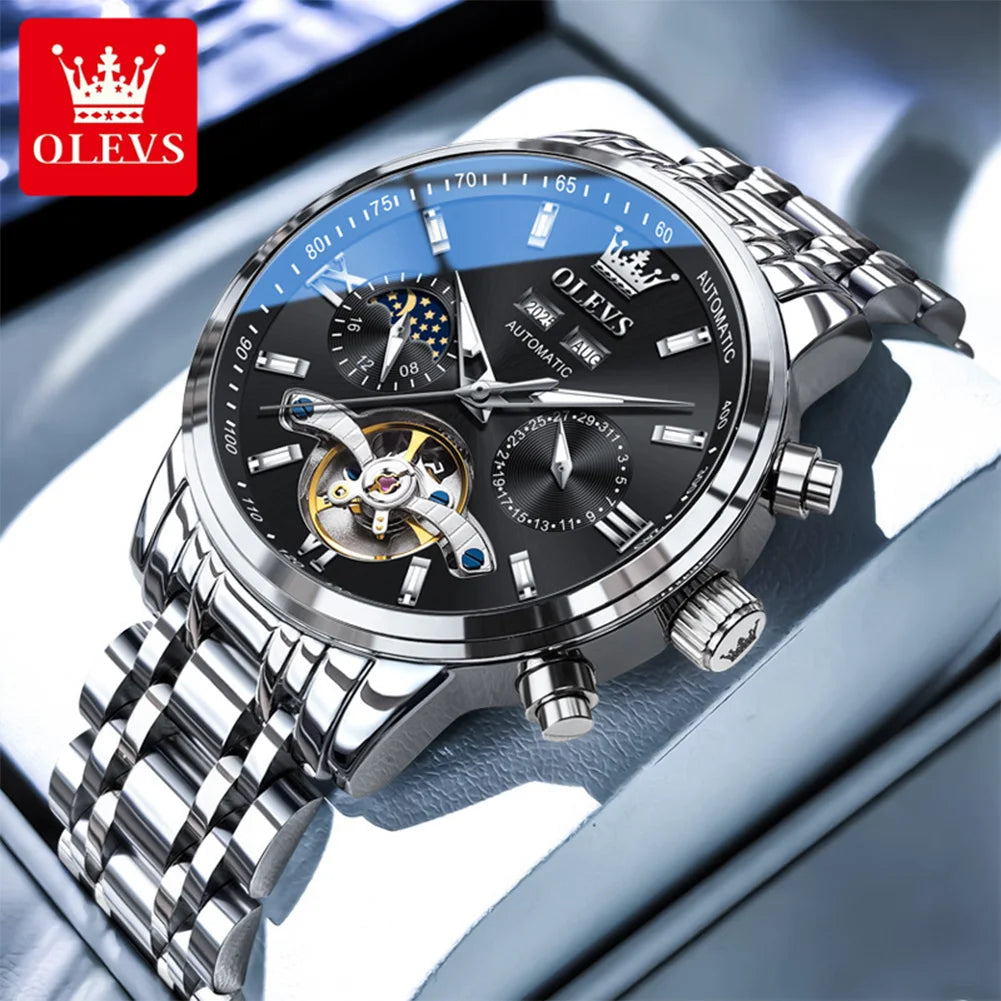 OLEVS 6740 Skeleton Flywheel Artistic Multifunctional Dials High Definition Translucent Coated Mirror Luminous Men's Watch
