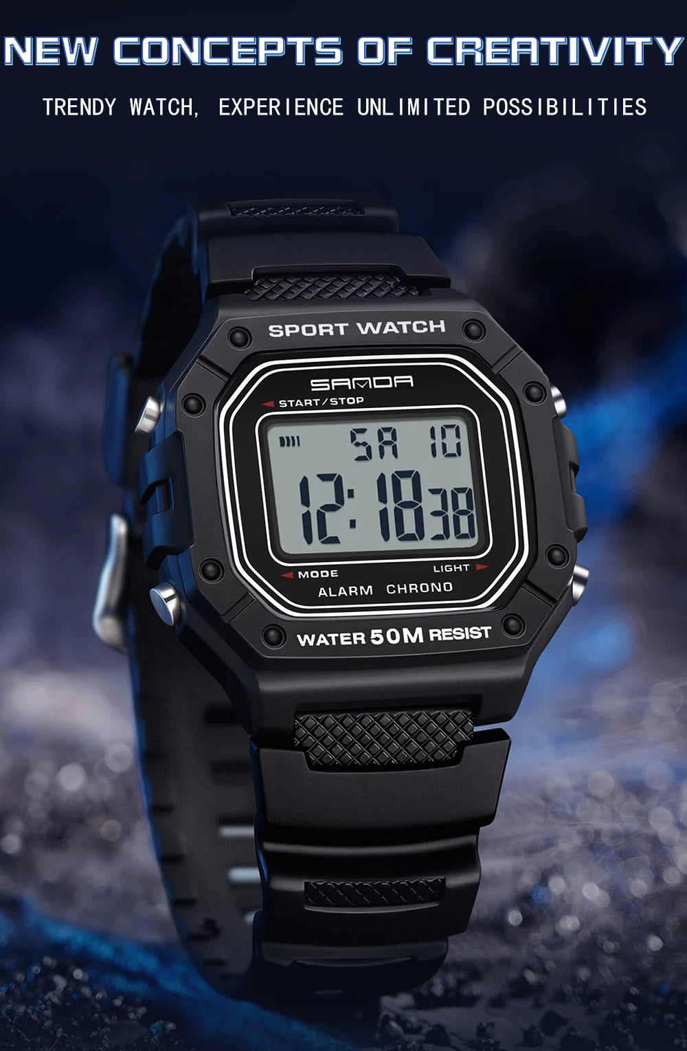 SANDA Fashion 2156 Men's Electronic Watch Movement Rectangular Sports Waterproof LED Display Screen Dial Men's Electronic Watch