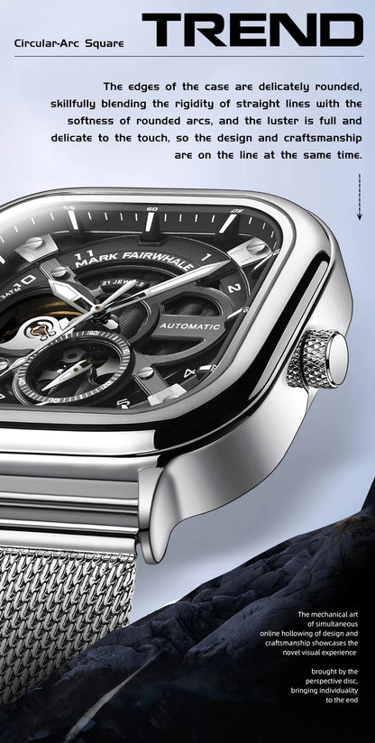 Mark Fairwhale 6014 Men's Automatic Movement Mechanical Watch Square Dial Stainless Steel Waterproof Mesh Strap Watches for Men