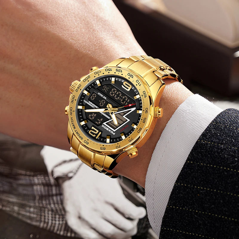 FOXBOX New Men Watches Dual Display 30M Waterproof Date Clock Wristwatch Fashion Sports Watch for Men Electronic Watches Man+Box
