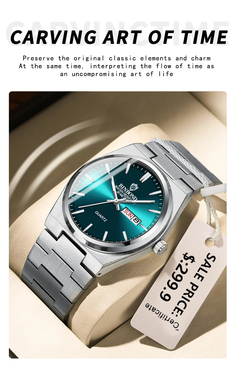 BINBOND Men's Fashion Business Watch Quartz Movement Stainless Steel Buckle Waterproof Luminous Calendar Leisure Watch