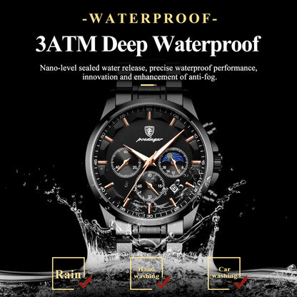 POEDAGAR Top Business Men's Watches Waterproof Luminous Stainless Steel Fashion Men Wristwatch Chronograph Date Man Quartz Watch
