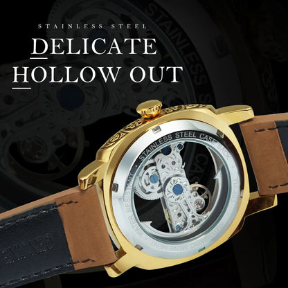 Forsining Vintage Square Skeleton Automatic Mechanical Watch for Men Engraved Case Steel Leather Strap Business Mens Watches