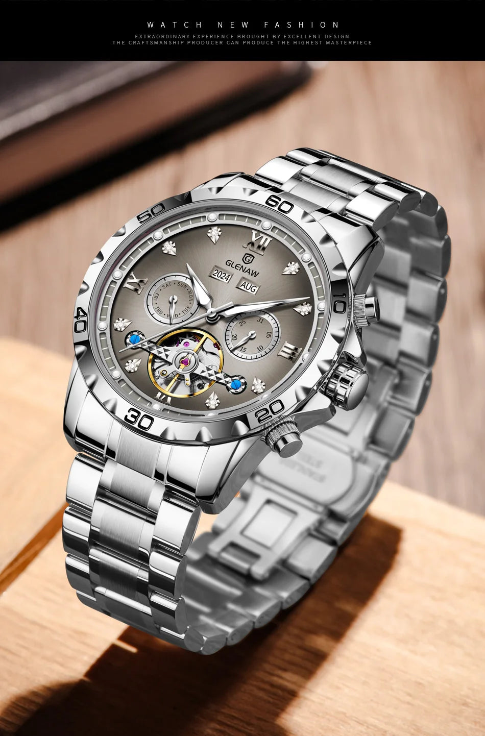 GLENAW NEW Year Month Sunday Multi-functional Mechanical Watch Men luxury Stainless Steel Waterproof Automatic watch steel strip