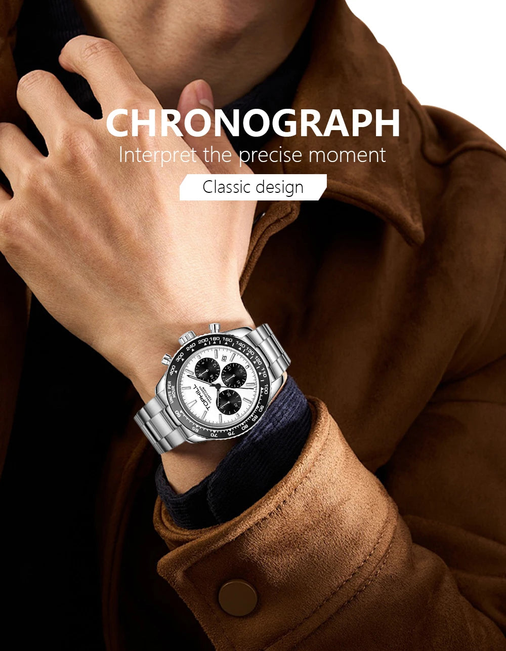 TOPHILL Racing Chronograph Men’s Quartz Watch Panda dial Tachymeter Bezel Sport Wristwatch Stainless Steel 100M Waterproof