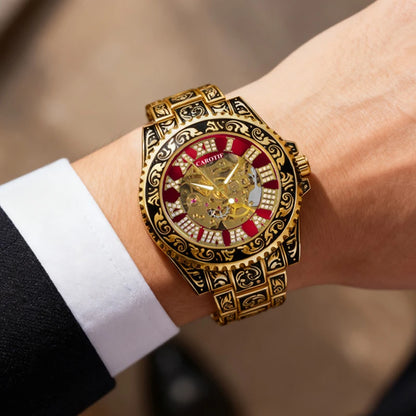 A men's black and red vintage luxury-style fully automatic mechanical watch with exquisite engravings